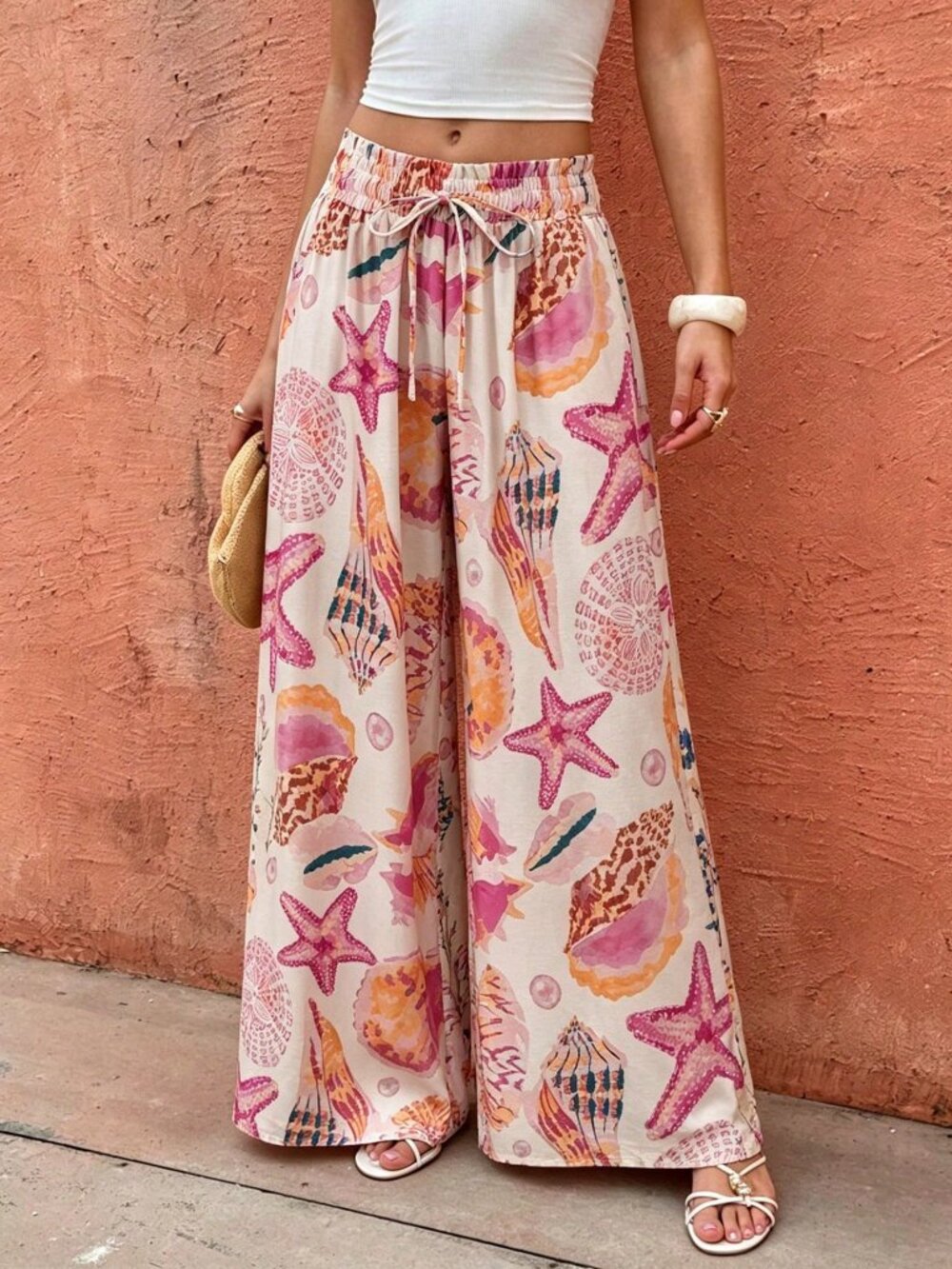 Pink Boho Women's High Waist Wide Leg Starfish Print Trousers - Picture 5 of 7